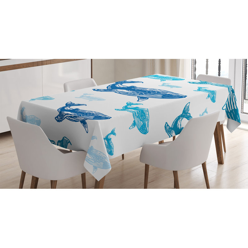 Ambesonne Sea Animals Tablecloth, Colorful Realistic Engraved Style Of Whale Animals Dangerous Creature Print, Rectangular Table Cover For Dining Room Kitchen Decor, 52" X 70", Blue White