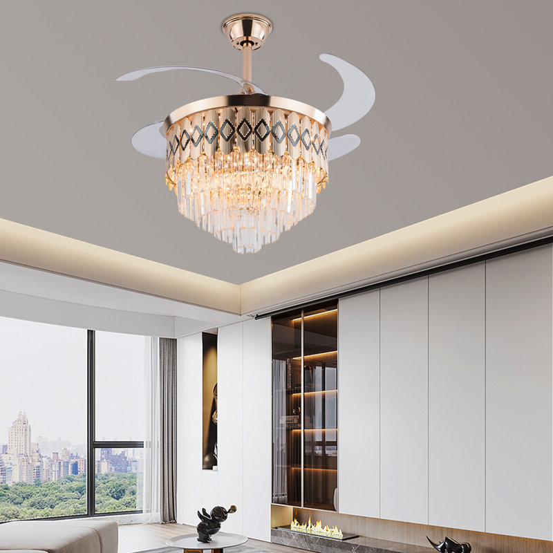 Ventilateur de plafond en cristal de 42 po avec lumière et télécommande, pales rétractables à 6 vitesses, ventilateur de plafond à DEL moderne pour chambre à coucher et salon