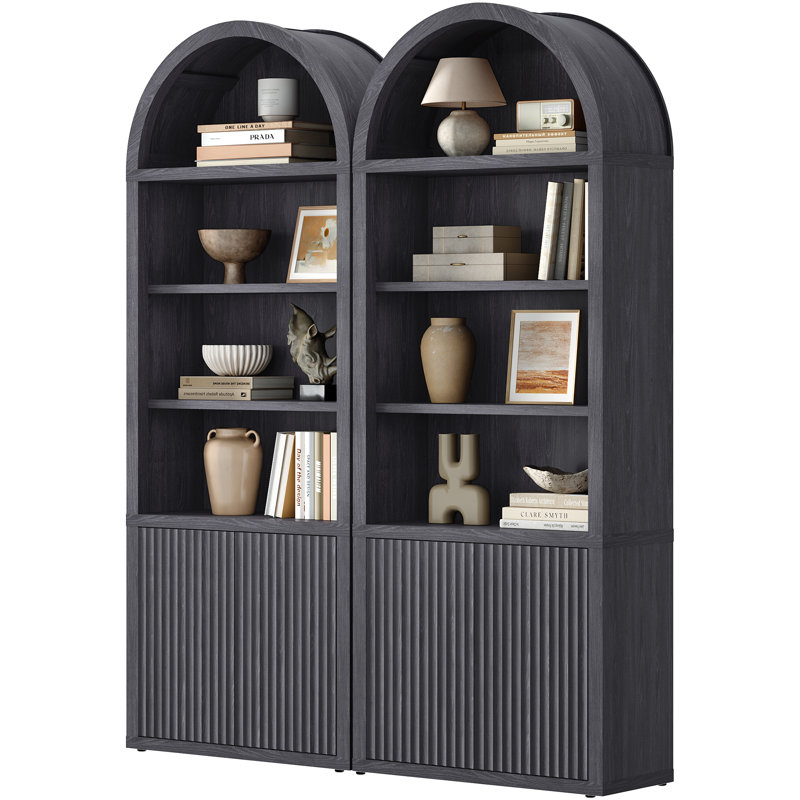 5-Tier Bookcase With 2 Fluted Doors And Adjustable Shelves, Dark Gray Alder, 2