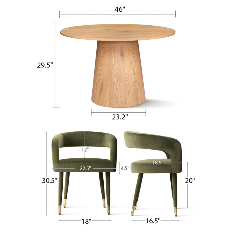 Modern 46" Round Dining Set with 4 Chenille Upholstered Barrel Arm Chairs, Green, Oak