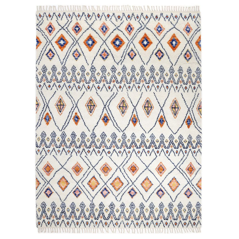 Rectangle Wagar Geometric Handmade Area Rug in Ivory/Black/Orange, Rectangle 9' x 12'