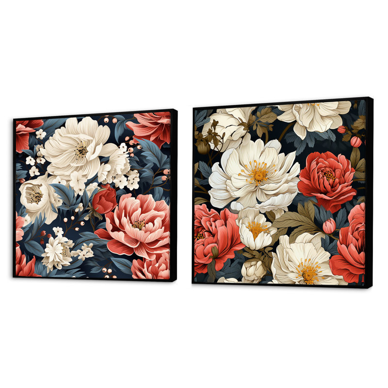 Dupuy - Ensemble de 2 collages carrés floraux, Cadre flottant noir, H 16 po x l 33 po