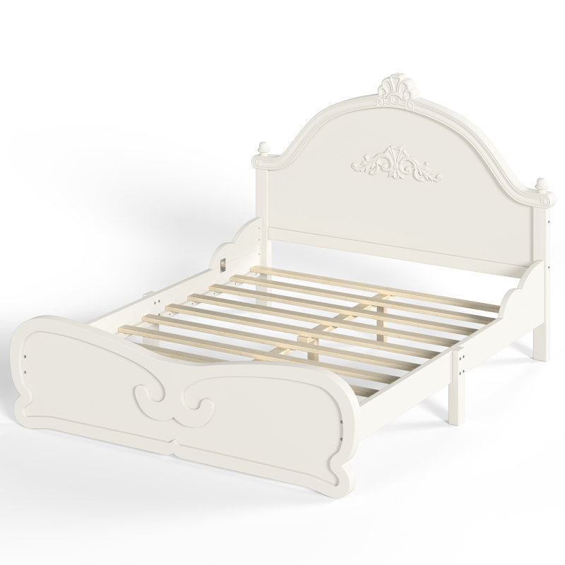 Lit plateforme en bois sculpté avec tête de lit, pied de lit et lattes, Full, Beige