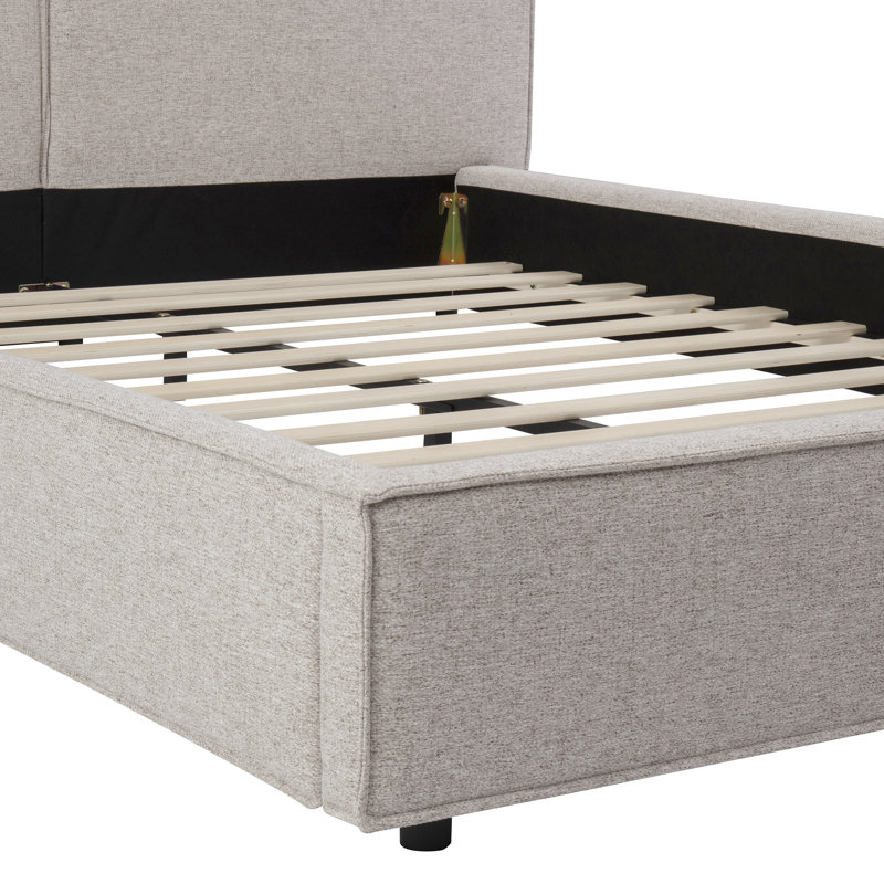 Cadre de lit plateforme grand tapissier, tête de lit moderne capitonnée à motif de biscuits, lin synthétique bicolore, beige