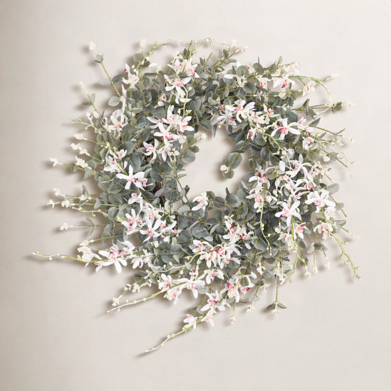 Couronne de porte artificielle 28 po, Blanc / Rose