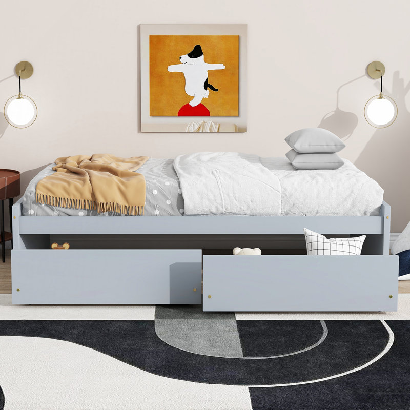 Solid Rubber Wood Bed with 2 Drawers, Gray