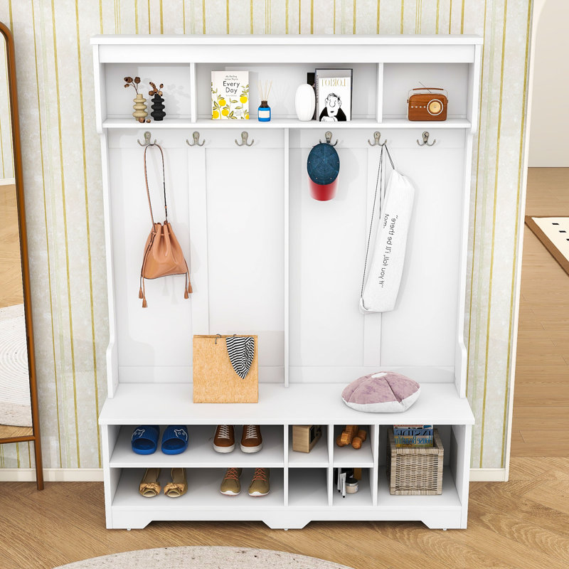 Modern Hall Tree with Bench, Hooks and Storage Compartments, White