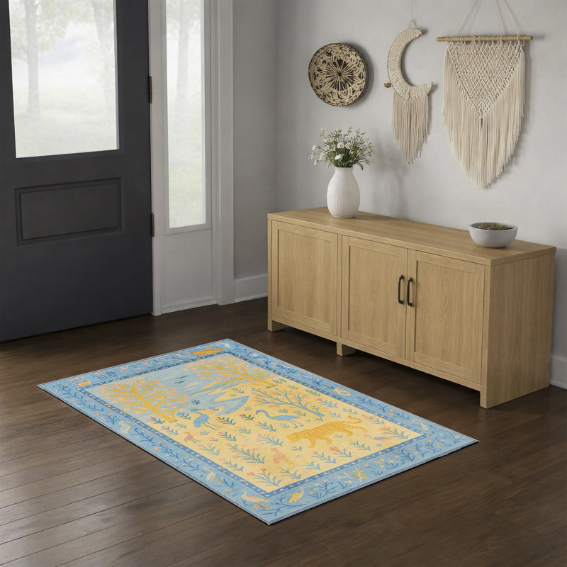 Tapis bleu / beige / rose à envers antidérapant lavable à la machine à motif animal et floral Boho pour salon, chambre à coucher, chambre d'enfant, chambre de bébé