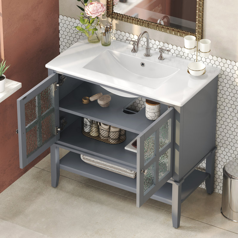 Meuble-lavabo avec tablette réglable et tablette ouverte, Gris