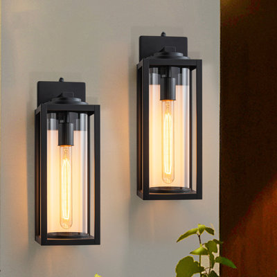 2 Pack Dusk To Dawn Matte Black Outdoor Wall Light With Cylinder Clear Glass Shade