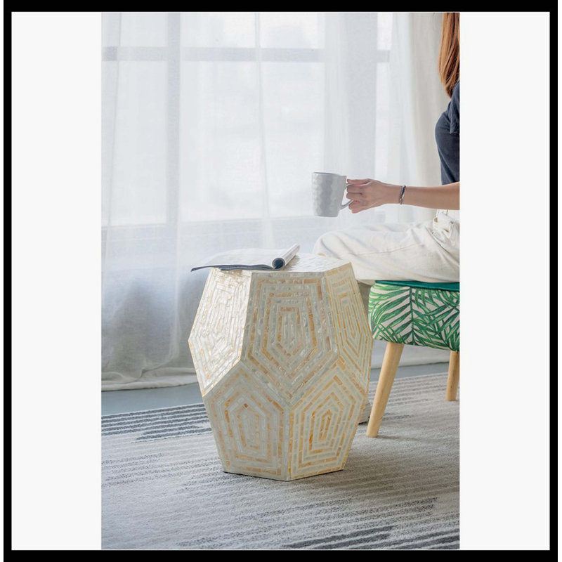 18X18x21" Hexagonal Capes Capiz Stool, Cream/Yellow