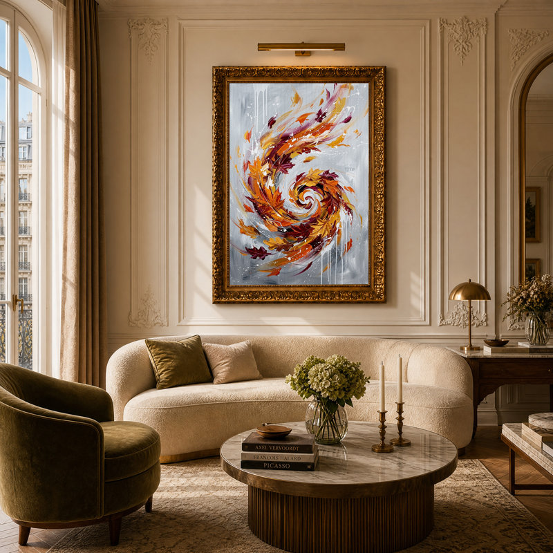 «Swirling Autumn Leaves with White Drips on Gray», art mural sur toile, H 24 po x l 16 po