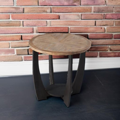  Rustic Farmhouse Round End Table, Storage Shelf for Living Room, Black