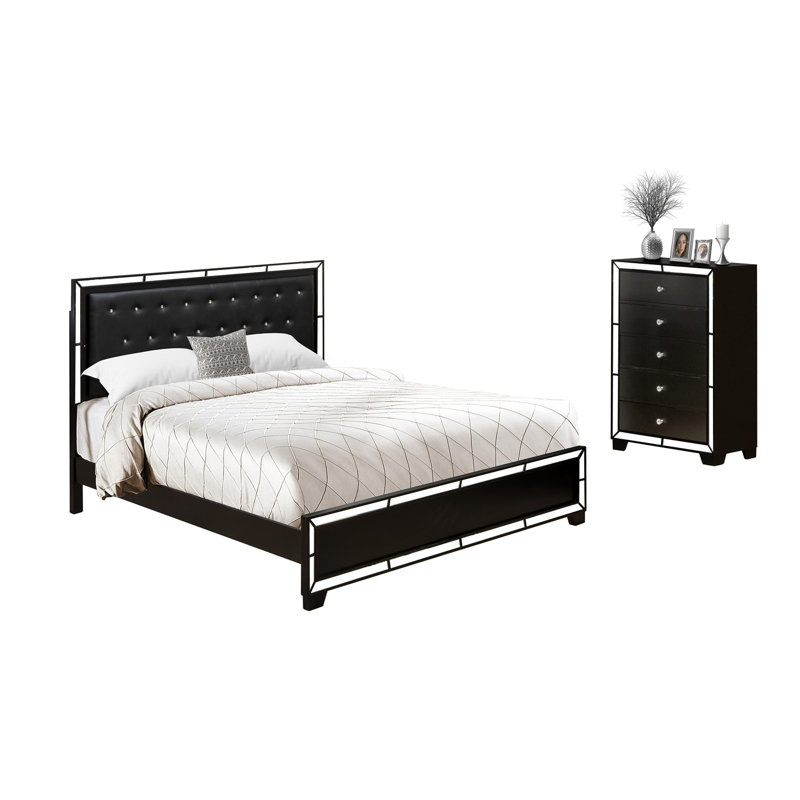 Ensemble de 2 pièces en bois pour chambre à coucher avec une base de lit très grand capitonnée et une petite commode - tête de lit en similicuir noir et pieds noirs