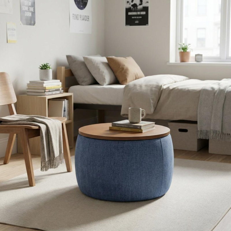 Repose-pieds rond 26 po avec rangement en tissu et bois