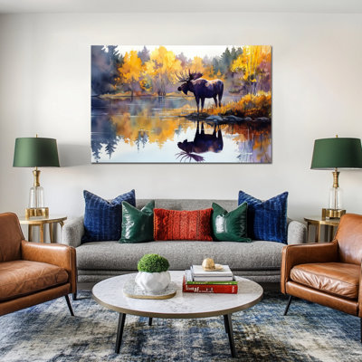 Grand orignal automne, art mural sur toile, faune, scène de nature, impressions sur toile, affiche d'art mural, peinture réfléchissante pour le salon, la chambre, le bureau, 24 po x 32 po