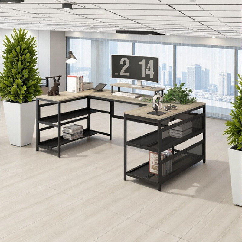 Bureau d'ordinateur en U avec éclairage et rangement DEL Bureau de direction en L avec tablette de rangement, bureau de jeu pour bureau personnel