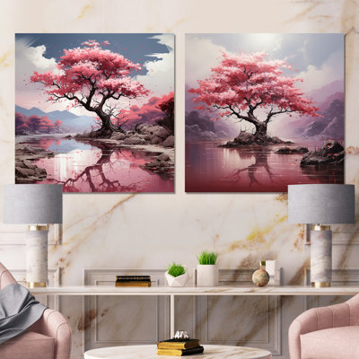 «Pink Cherry Tree Blossoms In River I», ensemble de 2 reproductions d'art sur toile