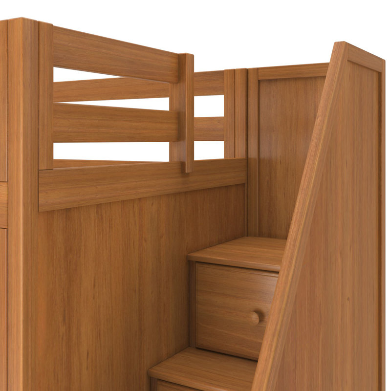 Brit Twin Over Twin 8 Drawers Solid Wood L- Shaped Bunk Beds with Bookcase, Pecan