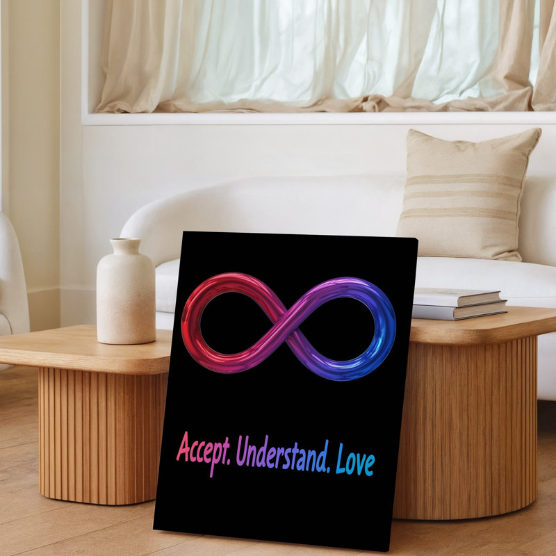La toile crée une représentation abstraite d'un symbole vibrant de l'infini, un art mural qui mélange un spectre de couleurs à partir d'un art mural sur toile rouge foncé