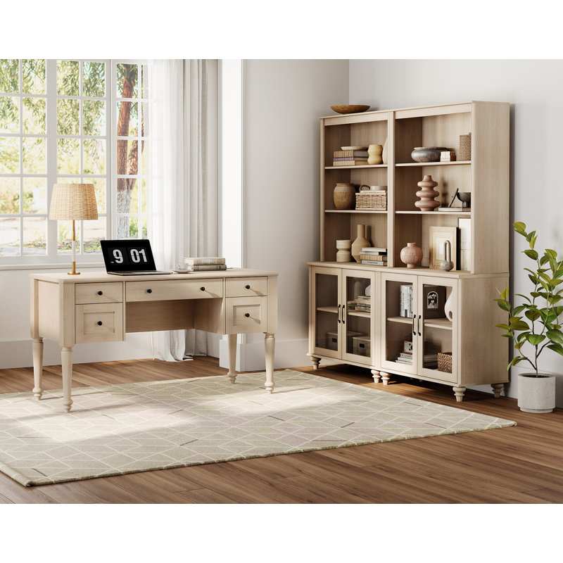 Ensemble de bureau 2 pièces, bureau double 56 po et ensemble de 2 bibliothèques avec portes en verre, beige