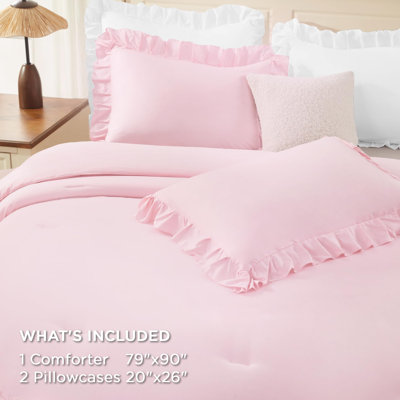 Pink Ruffle Comforter Full Set, 3pcs Vintage Farmhouse Bedding Comforter Set, Soft Lightweight Fluffy Bed Comforter Sets All Season Bedding Set