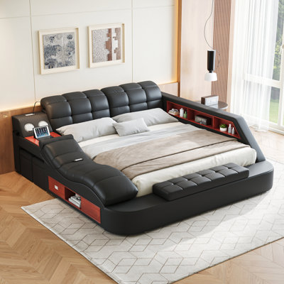 Multi-Functional Bed, Solid Wood Frame and Faux Leather Upholstery, Remote-Controlled Massage Recliner on the Left, Modern LED Lights, Bluetooth Speakers, USB Charging Ports, Adjustable Backrest
