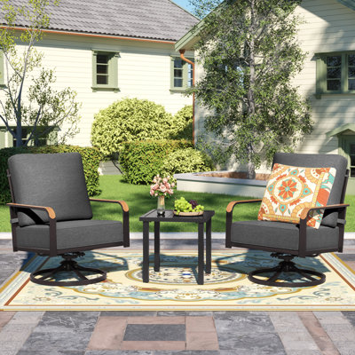 3-Piece Modern Outdoor Conversation Set with Swivel Rocking Chairs and Coffee Table, Featuring 6" Thick Cushions