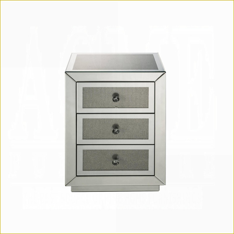 Table de chevet 3 tiroirs à miroir Glam avec faux diamants