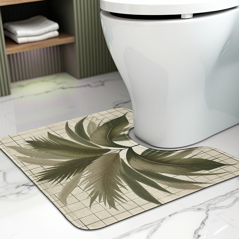  Leaf Toilet Mat U-Shape Bathroom Rug 20" x 16" Sage Green Pale Camel