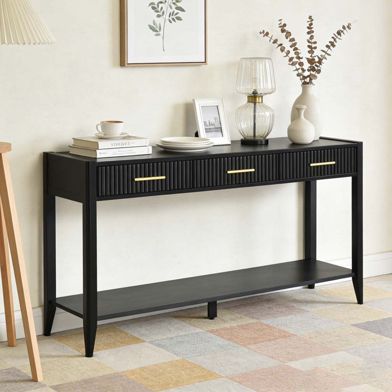 Console 60 po avec 3 tiroirs, table d'entrée en bois avec tablette de rangement, Noir