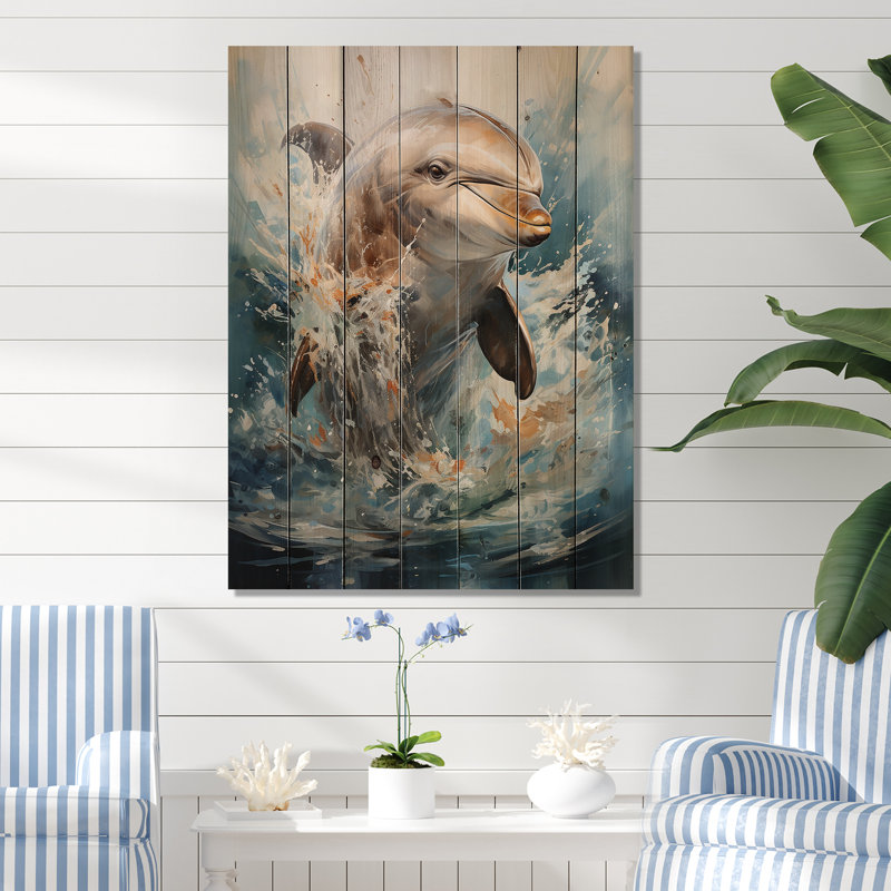 Dolphin Elegance - Art mural en bois de dauphin sur bois de pin naturel, H 40 po x l 30 po