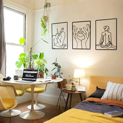 3pcs Metal Minimalist Abstract Woman Wall Art Decor, Line Drawing Wall Art Decor Single Line Female Home Hanging for Kitchen Bathroom Living Room, Iron Wall Decor