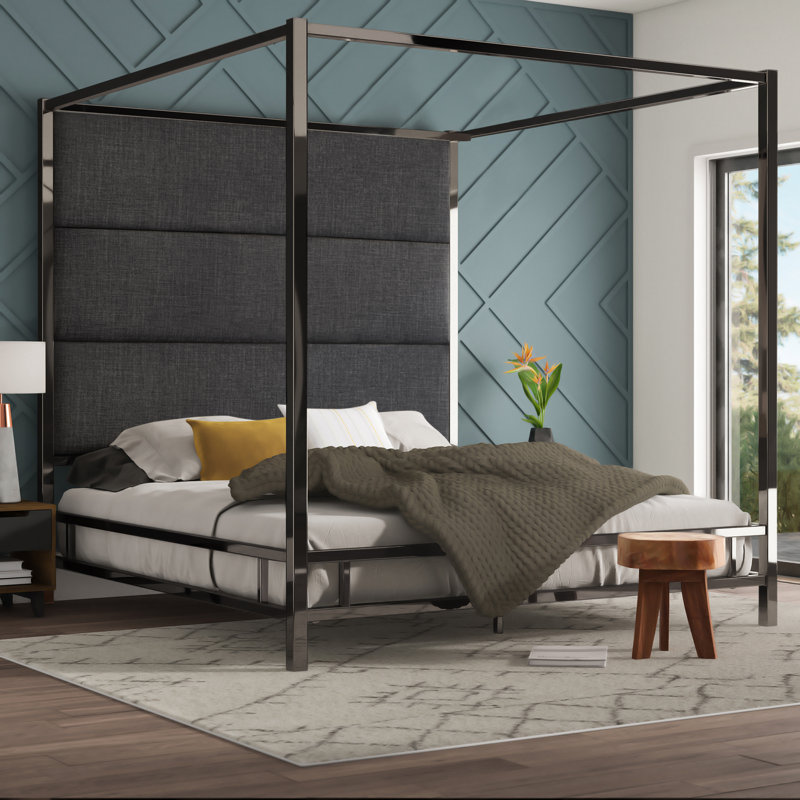 Moyers Upholstered Metal Canopy Bed, Black Nickel/Heathered Dark Grey Linen, Queen