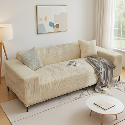 Housse de canapé extensible XL beige à chevrons, une pièce, 118 po de largeur, lavable à la machine