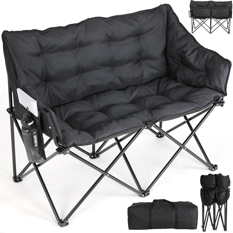 Quilted Double Folding Camping Chair, Black