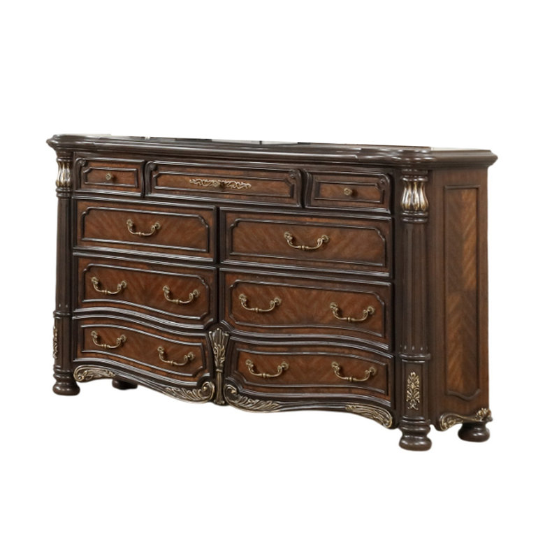Commode large Ruth, marbre véritable, bois massif brun acajou, 9 tiroirs