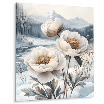 Snow Peonies Into The Winter Landscape I - Peonies Metal Art
