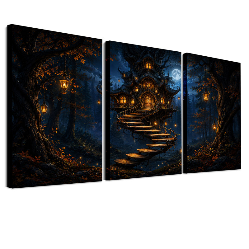 Ensemble de 3 toiles murales représentant une cabane dans les arbres fantaisiste avec des lanternes pour l'Halloween