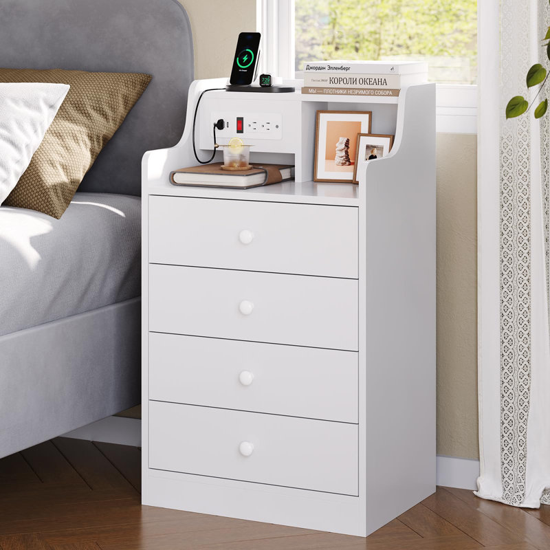 Nightstand With Charging Station, Night Stand For Bedroom,end Table With Hutch And 4 Drawers, White
