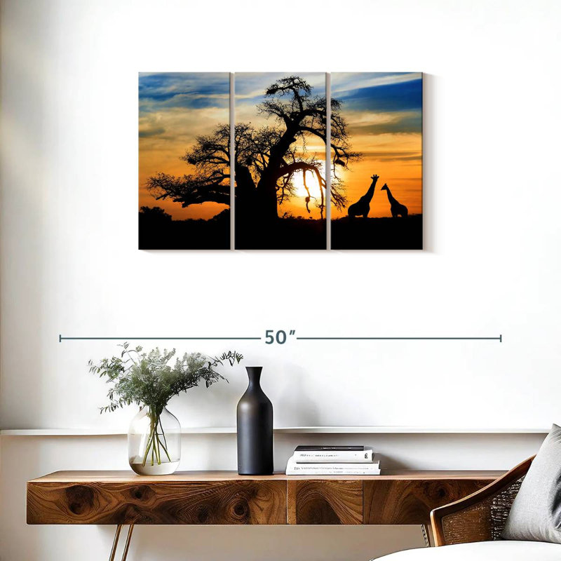 Coucher de soleil africain girafes, H 20 po x l 33 po