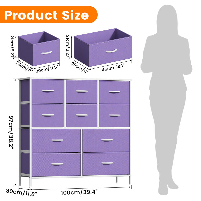 Steel 100 cm W Chest of 10 Drawers, Purple