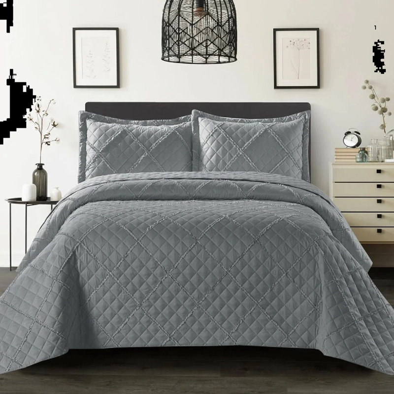 Luxury Quilted Modern Ruffle Bedspread Box Pattern Soft Comforter  Bedding Set With Pillow Shams, Double, Grey