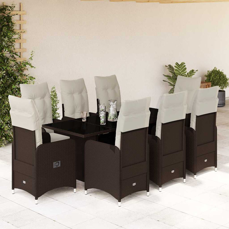 Ensemble bistro de patio avec coussins en rotin de polyester brun, H 29,5 po x l 74,8 po x P 31,5 po, 8