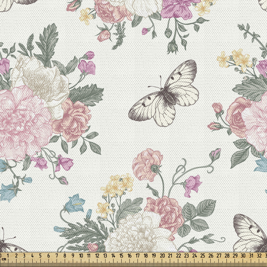 fab_25391_ Shabby Flora Fabric By The Yard, Peonies Peas Roses Bouquet Butterflies Pastel Tones Bridal Theme, Decorative Fabric For Upholstery And Home Accents, Pale Pink Green East Urban Home 