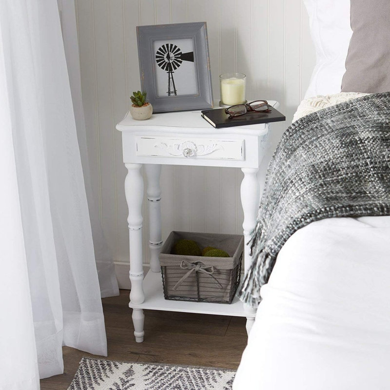 Furniture Creations White Carved Wood Side Table – Chic Nightstand & End Table