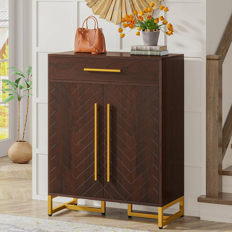 Armoire à chaussures 31,5 po en bois noyer et or avec portes