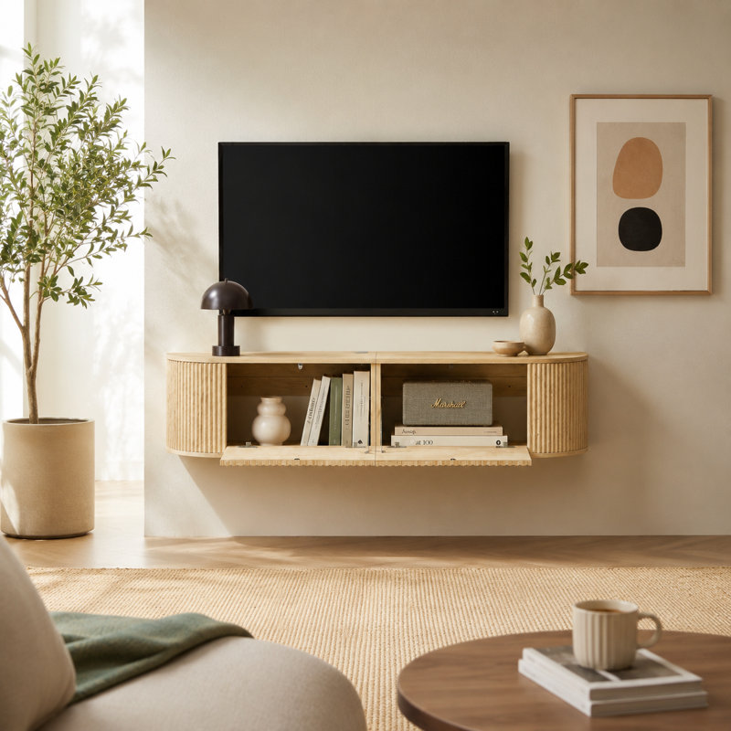 Meuble télé mural flottant de 55 po avec portes cannelées, console multimédia avec trous de rangement pour câbles, convient au salon et à la chambre à coucher, s'adapte à tous les styles de décoration