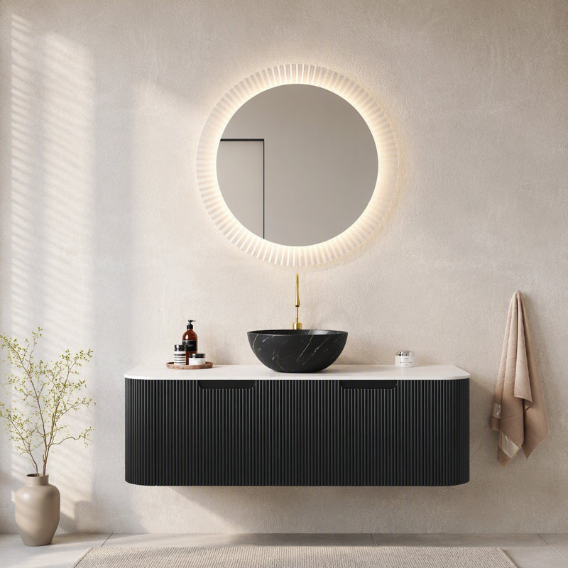 Meuble-lavabo et évier de salle de bain 48 po, 2 tiroirs, avec lavabo en contreplaqué à bordures courbées flottantes et 2 tiroirs, cuve en céramique noir mat et plateau en pierre frittée blanc de Carrare, pré-assemblé, couleur noire