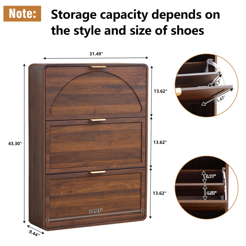 24 Pair Shoe Storage Cabinet With 3 Flip Drawers, Walnut